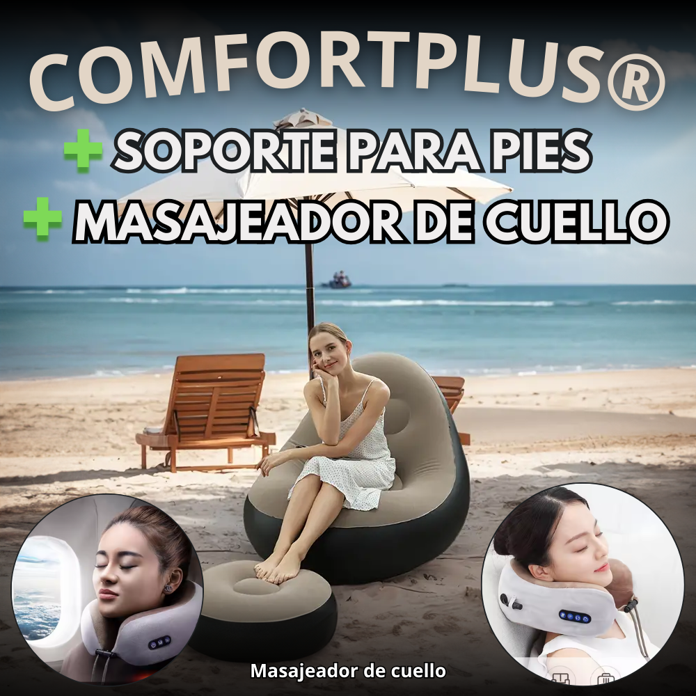 SOFÁ INFLABLE COMFORTPLUS® + COJÍN DE PIES PORTÁTIL + Masajeador de Cuello Eléctrico